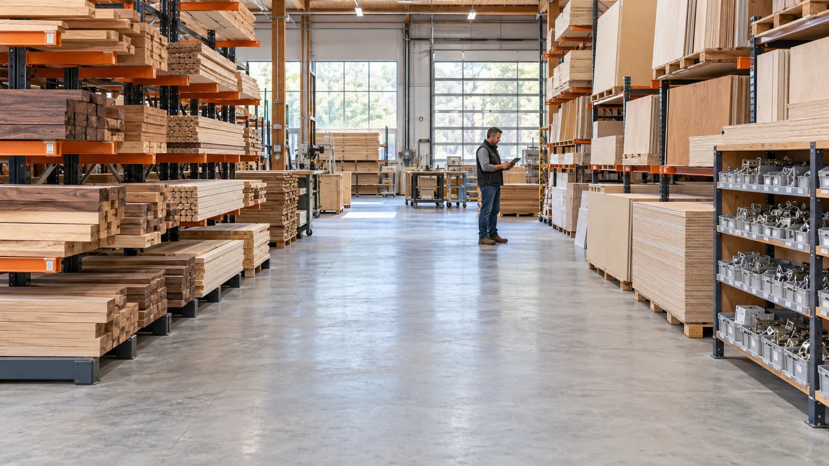 Illustrative photograph of lumber and hardware storage in a woodworking warehouse