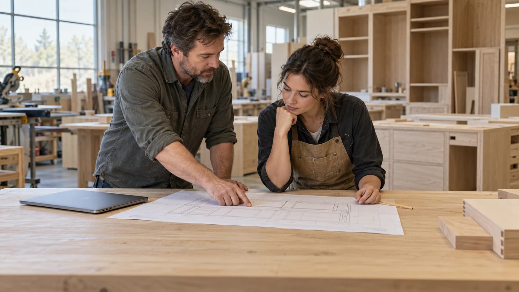 Illustrative photograph of a production manager reviewing job drawings at a workbench
